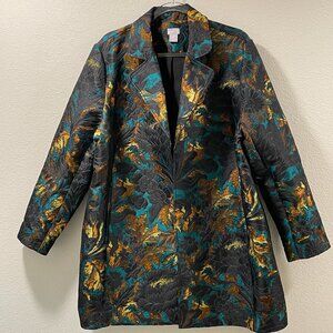 CHICO'S (NEW) Tapestry/Brocade Floral Long Line Blazer, Blk/Turq/Rust - 4/20-22